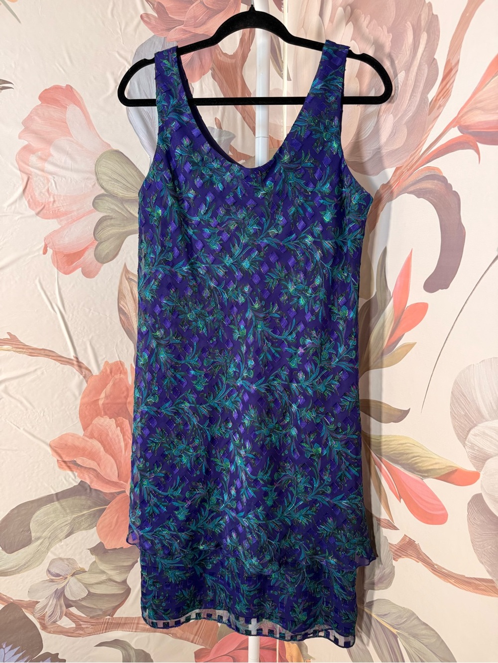 Sleeveless Vintage Patra Purple & Blue Floral Shift Dress - 12